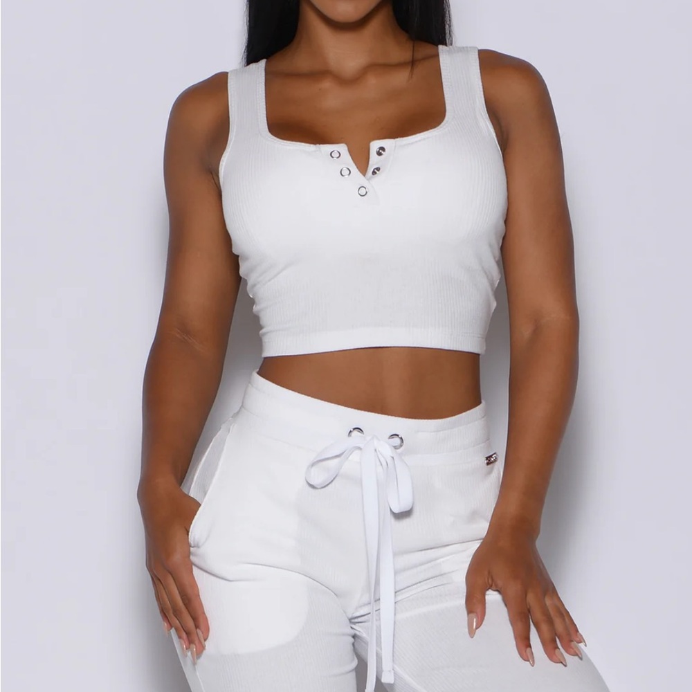 Bombshell Sportswear White Ribbed Snap Front Crop Tank